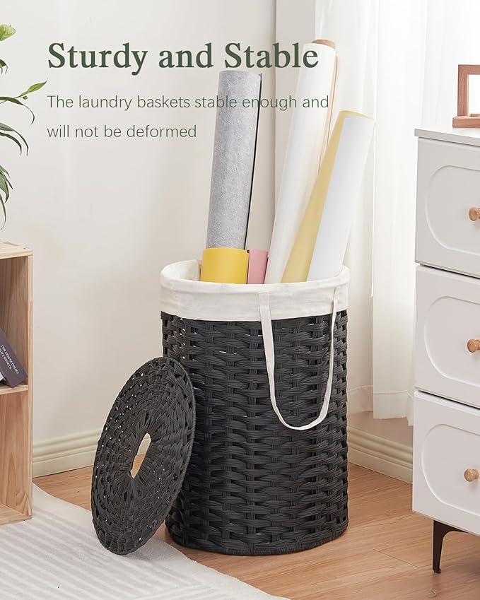 SETVSON Laundry Hamper with Lid Laundry Basket with Lid 19.0 Gal (72 L) Round Wicker Laundry Basket Handwoven Rattan Basket with Lid Removable Bag 2 Mesh Bags Handles for Living Room Bathroom Black