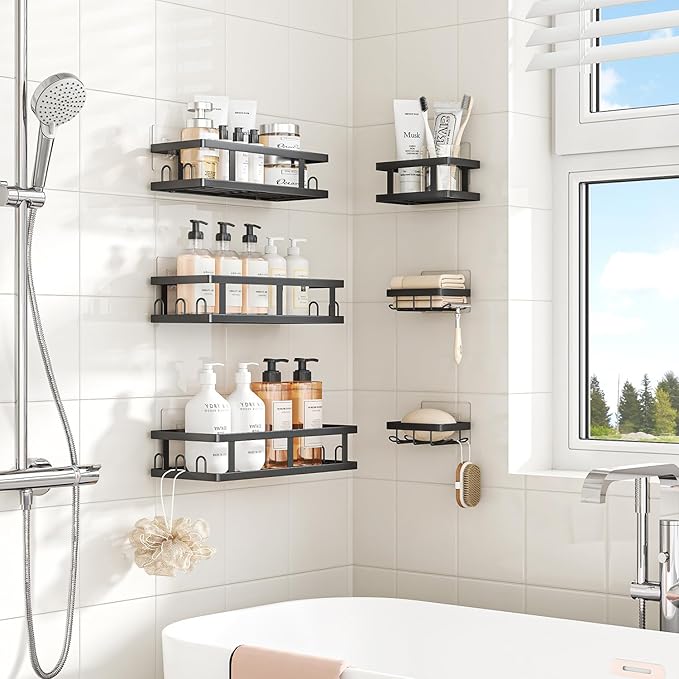 Youvip Shower Caddy 6 Pack, Adhesive Shower Shelves with Soap Holder, No Drilling Rustproof Large Capacity Bathroom Organizers and Storage, Black