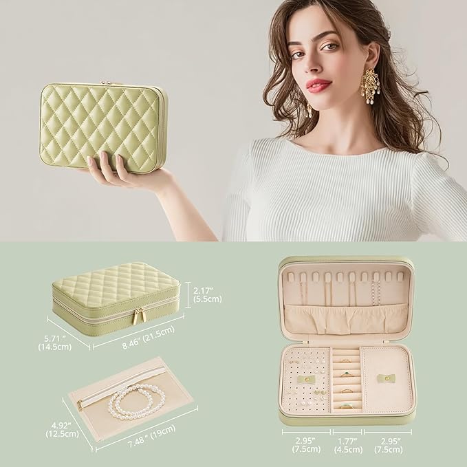 Lolalet Travel Jewelry Case for Women Girls, Travel Jewelry Organizer Box with Mirror & Clear Storage Bag, Small Portable Earring Necklace Bracelet Ring Case, Birthday Valentine Gifts -Medium, Green