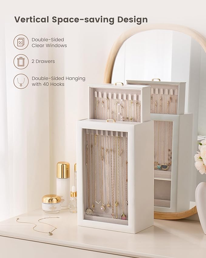 Lolalet Upgraded Double-Sided Hanging Necklace Organizer Box, Jewelry Display Case with Double-Sided Clear Window for Necklaces Bracelets, Tangle-Free Necklace Storage Box, Mothers Day Gift