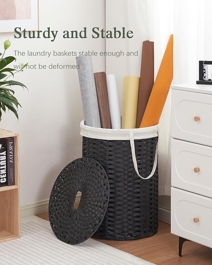 SETVSON Laundry Basket with Lid Round Rattan Laundry Hamper with Lid and Handles 29.1 Gal (110 L) Handwoven Woven Basket with Removable Bags and 2 Mesh Bags for Bathroom Living Room Black
