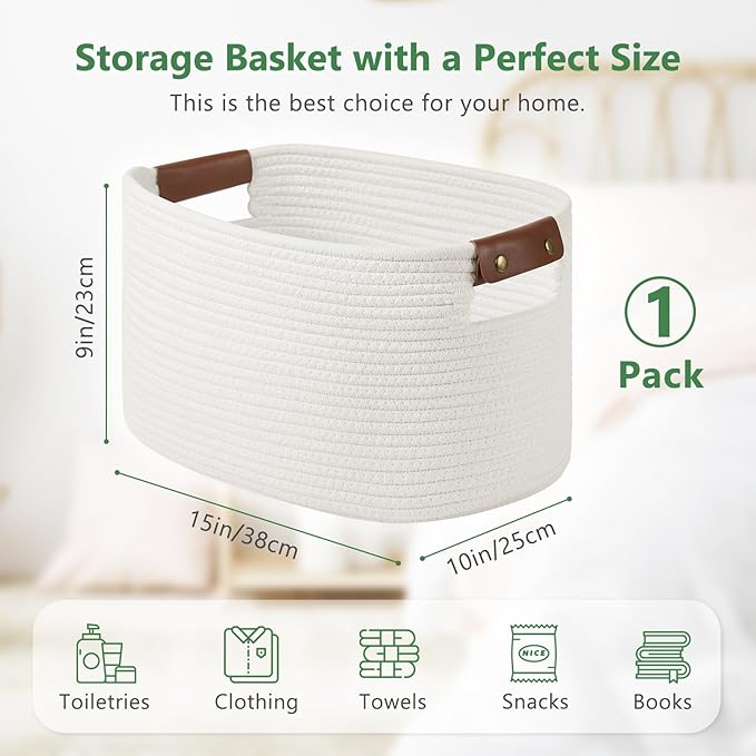 ECDYQXVU Cotton Rope Basket, Storage Baskets with Handle, 15x10x9 Inch Woven Basket for Shelves, Laundry, Towels, Clothes, Books (White 1Pack)