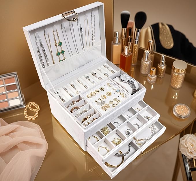 TOFUNTOY Jewelry Organizer Box, Large Jewelry Boxes for Women, 3-Layer Jewelry Holder Organizer for Necklace Earrings Rings Bracelets Storage, Gift for Her Mom