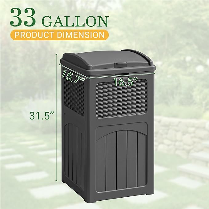 Greesum 33 Gallon Outdoor Trash Can with Lid, Waterproof Resin Garbage Bin for Hideaway, Deck, Patio, Gray