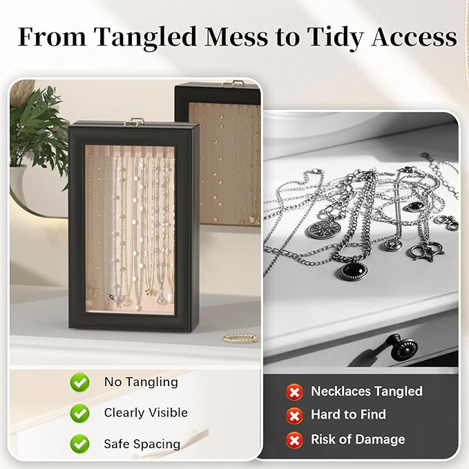 Necklace Organizer Box - 2-Layer Double-Sided Clear Lid Jewelry Storage Case, Anti-Tangle Necklaces Display Holder for Pendants Bracelets, Jewelry Organizer for Women Girls (Black)