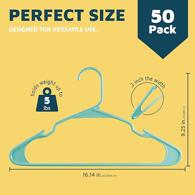 Lifemaster Plastic Clothes Hangers – Heavy Duty Hanger Set, for Organizing Clothes, Dresses, and Coat, Holds Up to 5 lbs, Space-Saving Hangers with Non-Slip Shoulder Grooves, Pack of 50, Aqua