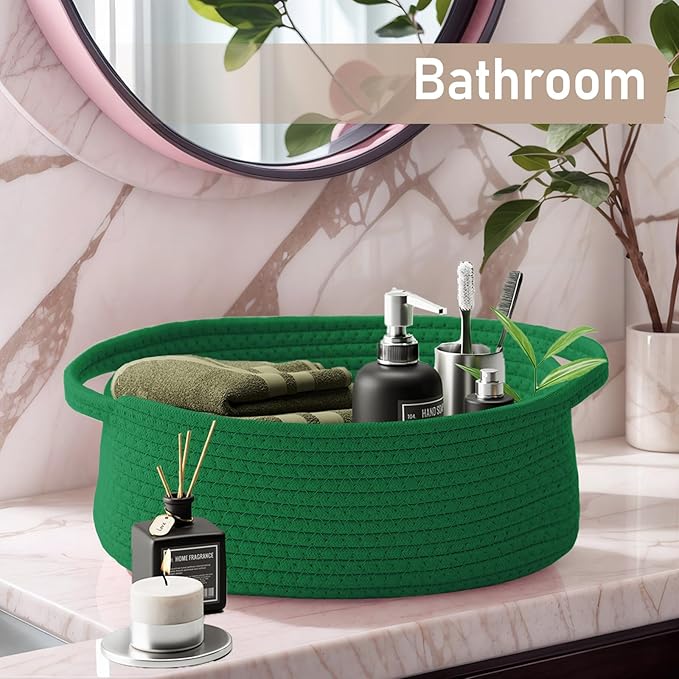 JMvicyroam Woven Basket,Small Rope Storage Bin with Handles & Ribbon Bag, Organizer for Shelves Closets,Gift Basket Empty for Birthday,Books,Dog Toys, Green/2 Pack