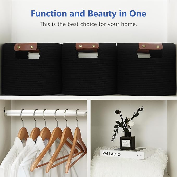 ECDYQXVU Cotton Rope Basket, Storage Baskets with Handle, 15x10x9 Inch Woven Basket for Shelves, Laundry, Towels, Clothes, Books (Black 1Pack)