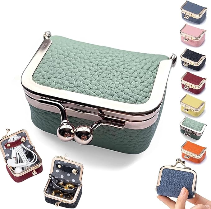 Leather Mini Jewelry Box, Portable Vintage Leather Coin Purse Jewelry Box with kiss Lock, Mini Travel Ring Box for Earrings/Rings/Necklaces/Bracelets