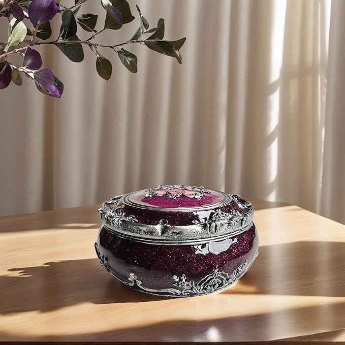 Handcrafted Round Jewelry Box - Vintage Rose Treasure Box with Carved Floral Lid, Elegant Organizer for Rings, Earrings, Necklaces and Bracelets, Romantic Gift for Wedding and Anniversary