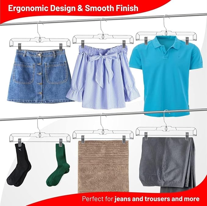 DEILSY™ Skirt Hangers 50 Pack Pants with Clips Hanger Shorts Clear Plastic Clothes with Adjustable Clip Non-Slip Clothes Hanger Perfect for Pant, Pack of 50