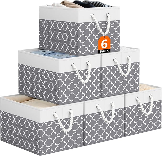 StorageTastic Storage Bin,Collapsible Storage Basket For Organizing,Large Storage Boxes With Rope Handles,Storage Containers,Clover Grey,6 Pack