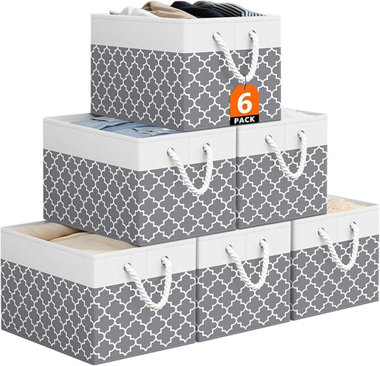 StorageTastic Storage Bin,Collapsible Storage Basket For Organizing,Large Storage Boxes With Rope Handles,Storage Containers,Clover Grey,6 Pack
