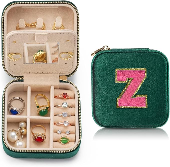 Personalized Velvet Travel Jewelry Case Box For Women Ring Necklace Earring Holder Organizer with Mirror Green Girls Box Birthday Gifts Mom Initial Z