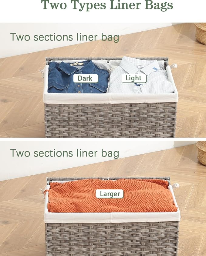 SETVSON Storage Basket with Lid Rattan Storage Basket with 2 Separate Lid, 27.8 Gallon (105 L) 25.2 * 15.4 * 16.1 Inches Woven Wicker Baskets with 2 Liners and Handles for Bedroom Laundry-Gray