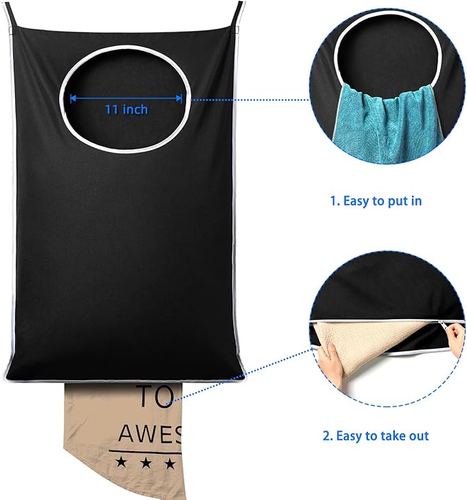 ANSTROUT XL Hanging Laundry Hamper Bags, Door Laundry Hamper with 2 Types of Hooks for Dirty Clothes, Save Bathroom Space Size:36.5x 22 Inch Hanging Laundry Storage Bag (Black)
