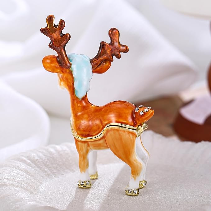 Hand Painted Animal Trinket Box for Home Decor, Hinged Jewelry Organizer Storage, Unique Personalized Collectible Keepsake Figurine Handmade Decorative Ornament Gifts (Sika Deer)
