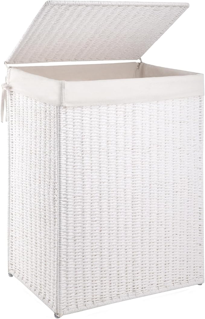 OIAHOMY Laundry Hamper with Lid, 90L(23.8 Gal) Large Wicker Laundry Basket for Bedroom, Handwoven Paper Rope Clothes Hamper with Washable Liner & Metal Frame, Decorative Organizer for Bathroom White