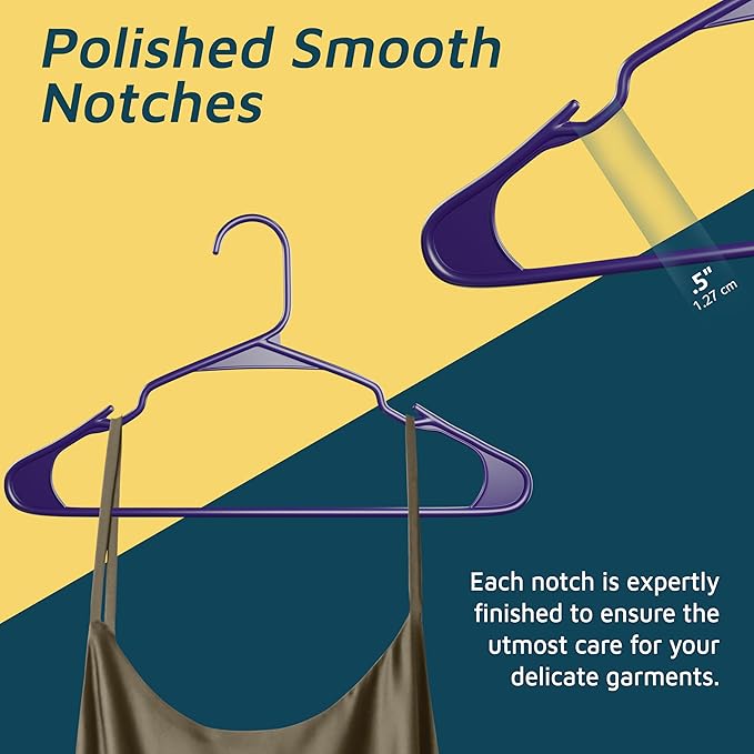 Lifemaster Plastic Clothes Hangers – Heavy Duty Hanger Set, for Organizing Clothes, Dresses, and Coat, Holds Up to 5 lbs, Space-Saving Hangers with Non-Slip Shoulder Grooves, Pack of 50, Purple