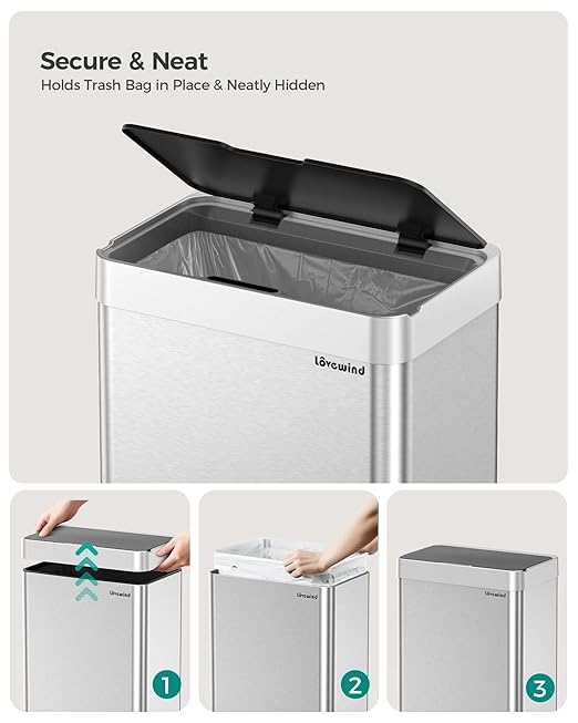 Kitchen Trash Can Touchless, 13 Gallon/50 L Stainless Steel Automatic Motion Sensor Trash Can, Type-C Rechargeable Garbage Can with Lid, Silent Close, Touchless Trash Bin for Home Kitchen, Silver