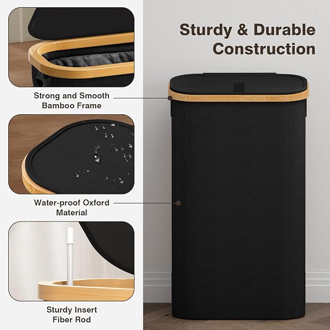 Bathola 75L Slim Laundry Hamper with Lid, Dirty Clothes Hampers for Laundry, Collapsible Laundry Baskets for Small Spaces, Bedroom, Bathroom, Laundry Room, Black