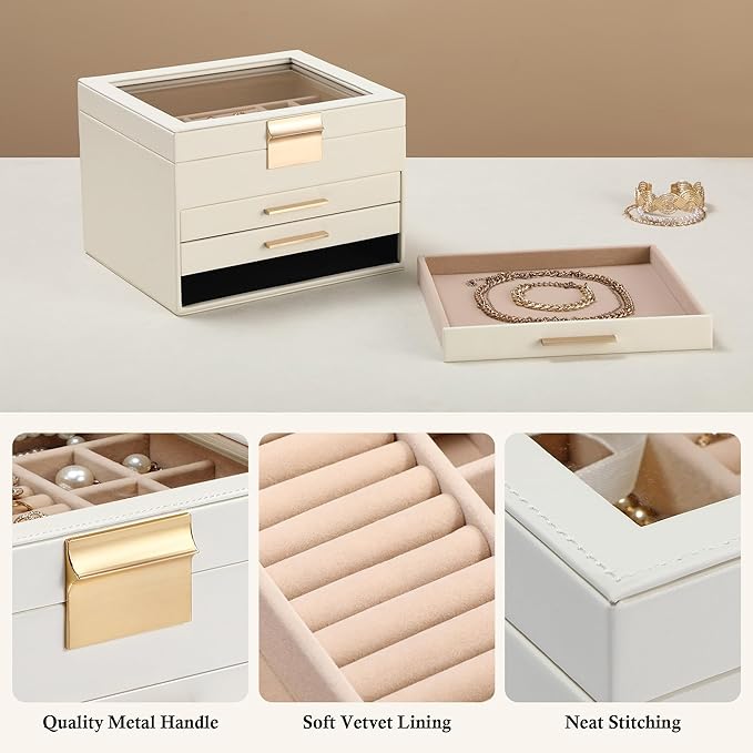 Somduy Jewelry Box Organizer for Women,4 Layers Jewelry Storage Display Box with Glass Lid,Gift for Christmas,3 Drawers,Large Capacity for Necklace Earrings Bracelets Rings,White