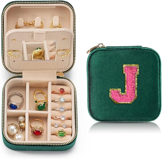 Personalized Velvet Travel Jewelry Case Box For Women Ring Necklace Earring Holder Organizer with Mirror Green Girls Box Birthday Gifts Mom Initial J