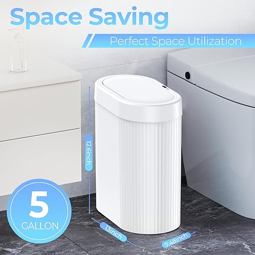jinligogo 5 Gallon Bathroom Trash Can with Lid, Automatic Motion Sensor White Trash Can, Touchless Slim Waterproof Garbage Bin for Kitchen, Bedroom, Office, and Bathroom