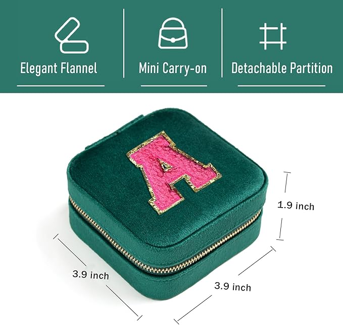 Personalized Velvet Travel Jewelry Case Box For Women Ring Necklace Earring Holder Organizer with Mirror Green Girls Box Birthday Gifts Mom Initial Q