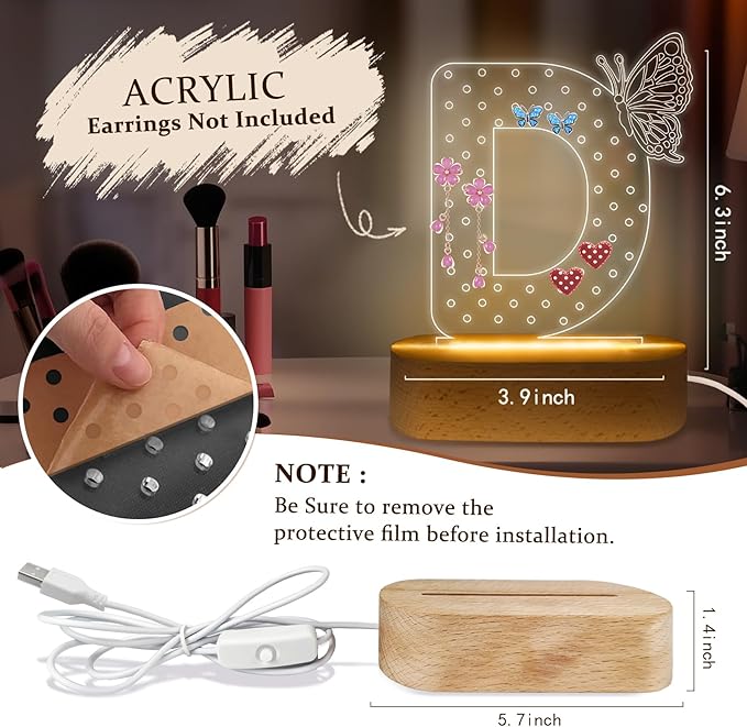 COSHAYSOO Initial Acrylic Earring Holder Organizer for Women Teen Girls with Butterfly Decorations LED Night Light Personalized Birthday Easter Mothers Valentines Day Jewelry Storage Letter D