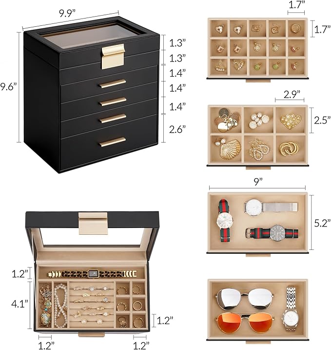 Somduy Jewelry Box, 5 Layers Jewelry Storage Display Box with Glass Lid for Women, 4 Drawers,Large Capacity for Necklace Earrings Bracelets Rings, Black