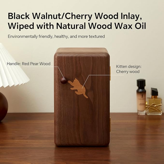 Black Walnut Solid Wood Cabinet Jewelry Box for Women, Large Velvet Lined Organizer with 6 Drawers, Cherry Wood Cat Inlays, Rosewood Handles, Gift for Her