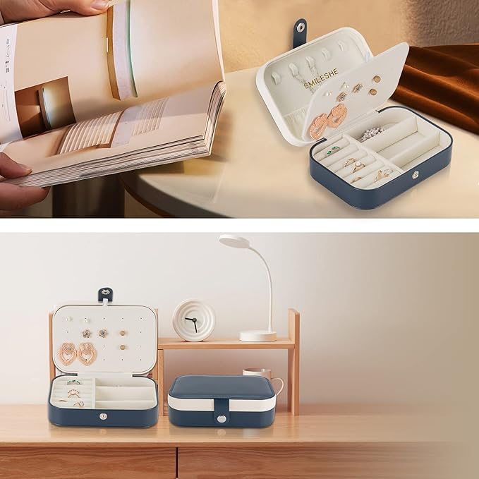 Smileshe Jewelry Box, PU Leather Small Portable Travel Case, 2 Layers Organizer Display Storage Holder Boxes for Rings Earrings Necklaces Bracelets