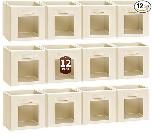 Homsorout Foldable Storage Cubes - Cubby Storage Organizer with Window, Decorative Baskets for Organizing, Fabric Bins for Clothes Storage, Closet Storage Cubes-11inch, Set of 12, Beige