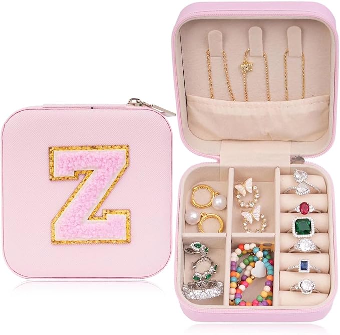 ETHOON Jewelry Travel Case Small Organizer Stocking Box Personalized Gifts Teenage Jewelry Accessories Holiday Wedding Christmas Gift for Women Pink, Letter Z