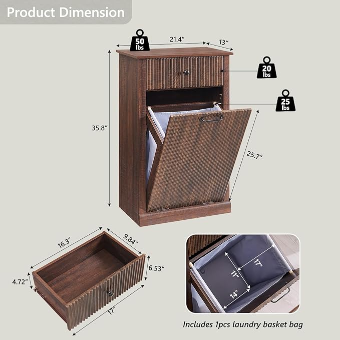 IFBUY Modern Tilt Out Laundry Hamper Cabinet, 10 Gallon Fluted Trash Can Cabinet with Drawer, Wooden Hidden Garbage Can Cabinets with Laundry Basket, Free Standing for Bathroom and Kitchen, Brown