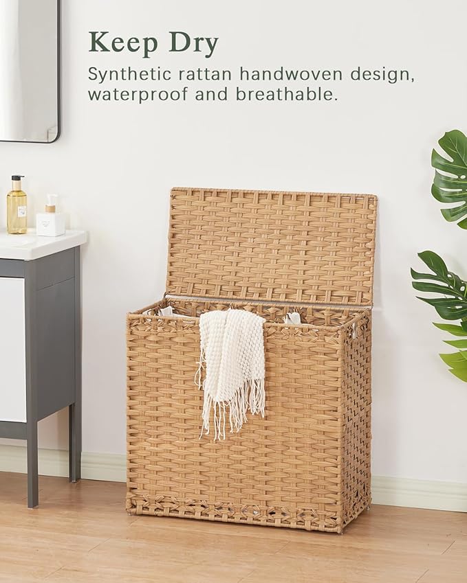 SETVSON Laundry Hamper with Lid Laundry Basket 132 L (35 Gal) Wicker Clothes Hamper, Handwoven Rattan Hamper with Handles and 4 Removable Liner Bags, 6 Mesh Bags for Laundry Bedroom Natural