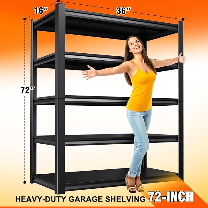 2 Pack Storage Shelves,2500LBS Garage Shelving,Adjustable Garage Shelves,Heavy Duty Metal Shelving, 5 Tier Wood Utility Steel Shelf, Shelving Units and Storage Rack 72''H*36''W*16''D