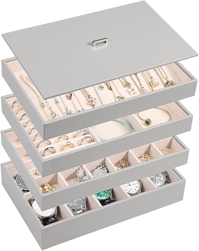 Voova Stackable Jewelry Organizer Tray with Lid, PU Leather Jewelry Storage Holder for Drawer Inserts, Jewellery Display Box Case for Earring Necklace Ring Watch Bracelet (Set of 4, Grey)