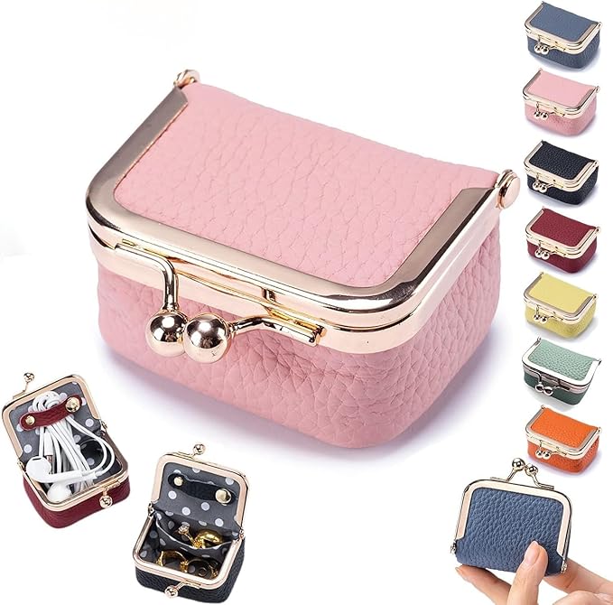 Leather Mini Jewelry Box, Portable Vintage Leather Coin Purse Jewelry Box with kiss Lock, Mini Travel Ring Box for Earrings/Rings/Necklaces/Bracelets