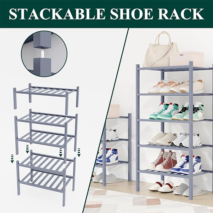 Smiry Shoe Rack, 4 Tier Small Bamboo Shoe Organizer, Stackable Free Standing Wooden Shoe Storage Shelf for Closet, Entryway, Front Door Entrance, Grey