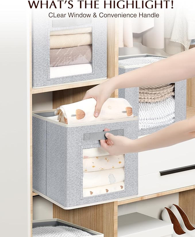 Homsorout Foldable Storage Cubes - Square Organizer with Window, Decorative Baskets for Organizing, Fabric shelf Basket for Clothes, 11 Inch Closet Storage Cubes, Set of 12, Light Grey