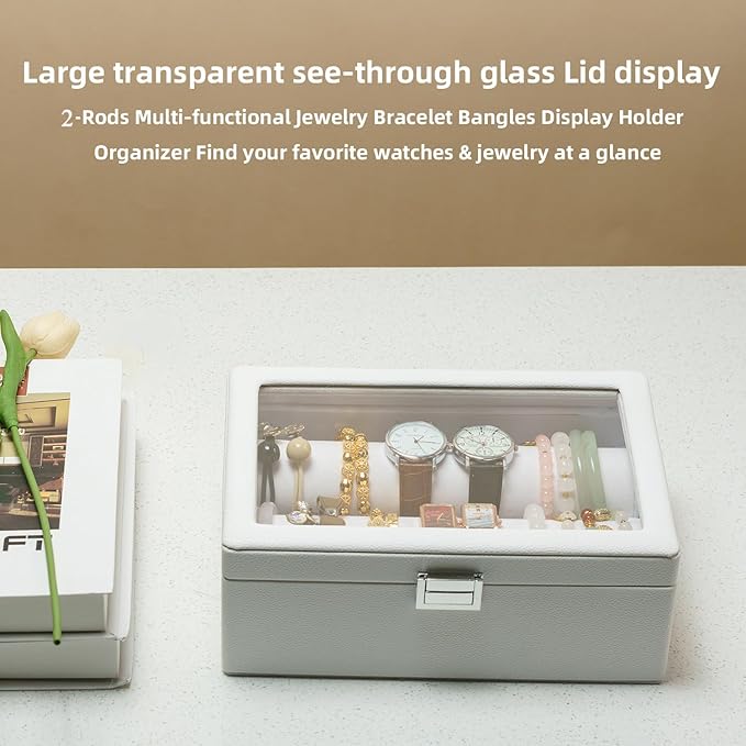 Bracelets Organizer Rods Bangles Display Holder, Clear See through Lid Leather Velvet Jewelry Storage Box Case for Women, 2 Rods White Leather
