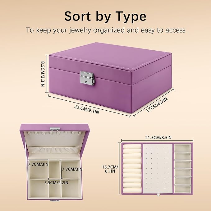 Homeanda Jewelry box 2 layer Jewelry box Leather Jewelry boxes for Women Girls Teens Jewelry organizer box Jewelry Storage box with lock(Purple)