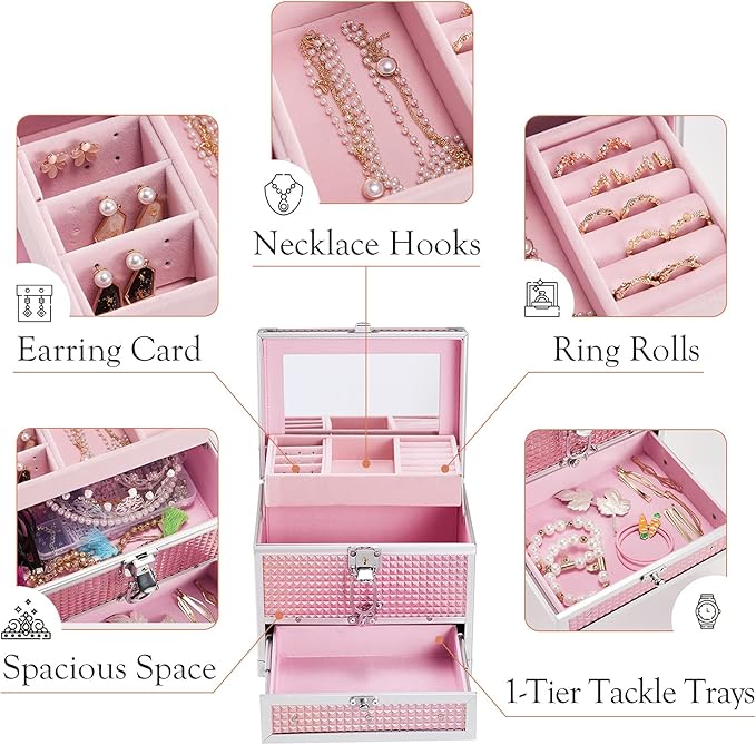 Hododou Girls Jewelry Box Organizer with Drawer & Mirror, Shiny Pink Style Lockable Storage Case for Kid or Little Girls Jewelry and Hair Accessories