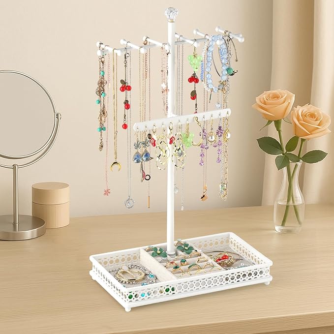 Meangood Jewelry Organizer Stand, 15.6" H Jewelry Tree Display Holder Stand for Bracelets Necklaces Earrings Rings, Gift for Women Girls (White)