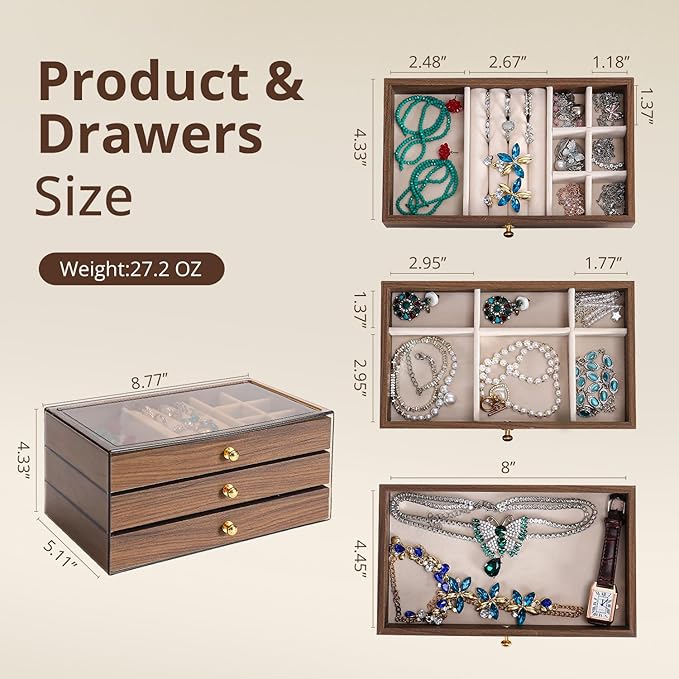 CLUQMEIK 3 Layer Acrylic Case Wooden Drawer Jewelry Organizer with Velvet Lining, Jewelry Box for Women and Girls to Store Rings Earrings Bracelets Necklaces（B）