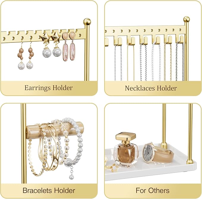 3 Tier Gold Jewelry Stand, Necklace Organizer, Earring Holder with 44 Holes and 9 Hooks, for Necklaces, Bracelets, Rings