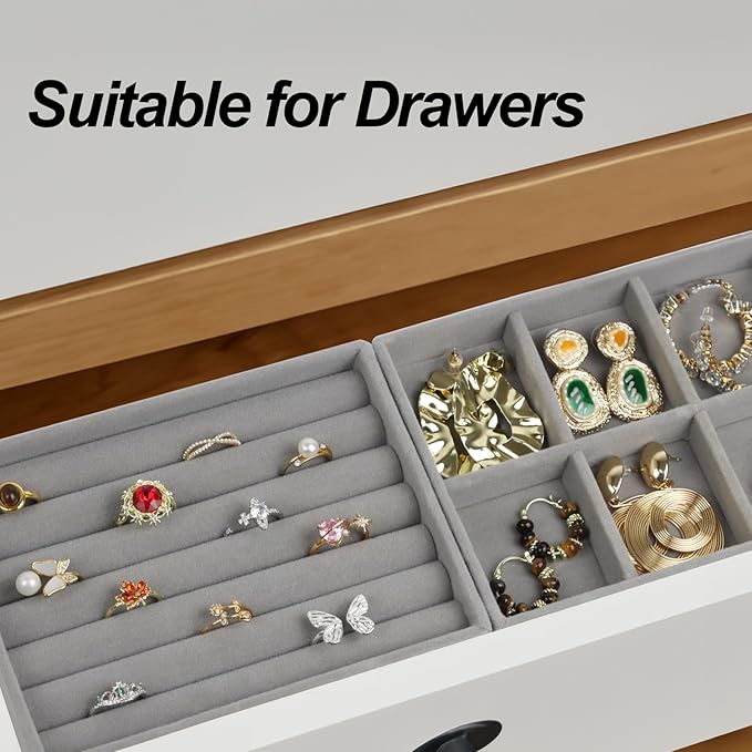Fordonral Velvet Jewelry Organizer Box, Jewelry Drawer Organizers Trays, Earring Ring Necklace Holder Display Case (Gray, Ring+6 Grid Trays)