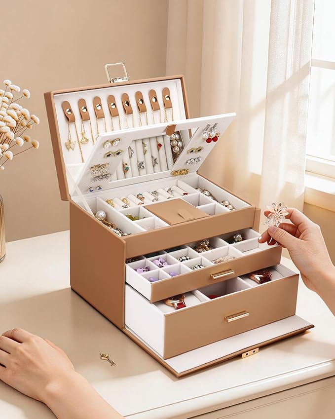 DesignSter Jewelry Box for Women Girl, 3-layer Lockable Jewelry Organizer with Mirror, Large Leather Jewelry Case for Earring Necklace Ring Bracelet Watch